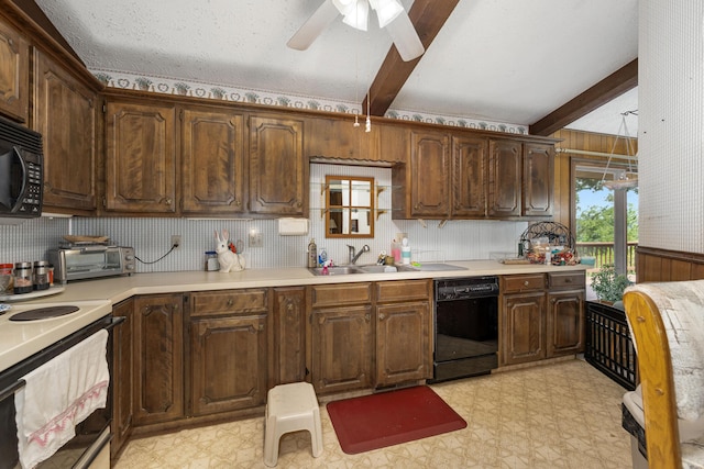 26307 Twin Rivers Dr, Shell Knob, MO 65747 - kitchen with black appliances, light flooring, beamed ceiling, ceiling fan, and light countertops