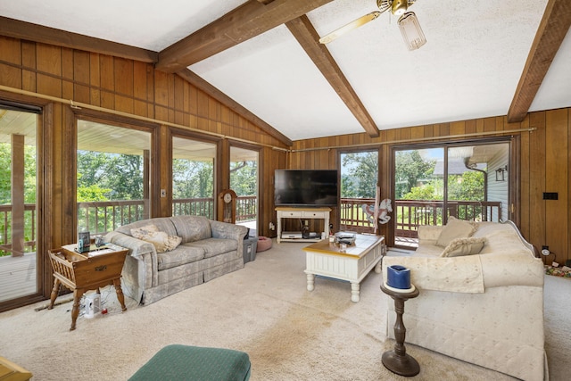 26307 Twin Rivers Dr, Shell Knob, MO 65747 - carpeted living area featuring wooden walls and ceiling fan