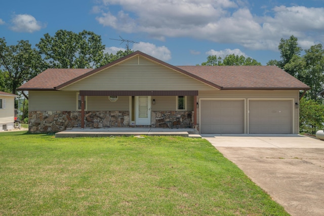 26307 Twin Rivers Dr, Shell Knob, MO 65747 - view of front of property with an attached garage, a porch, concrete driveway, a front yard, and a shingled roof