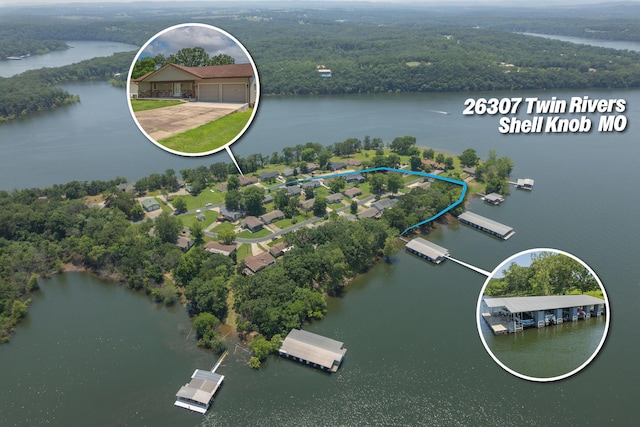 26307 Twin Rivers Dr, Shell Knob, MO 65747 - aerial overview of property's location featuring a large body of water and property boundaries highlighted