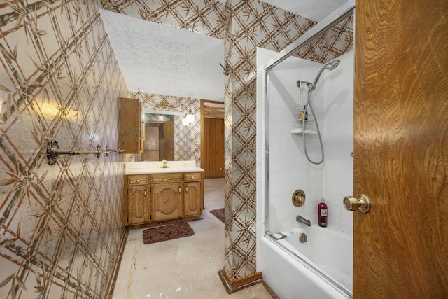 26307 Twin Rivers Dr, Shell Knob, MO 65747 - full bathroom featuring vanity,  shower combination, wallpapered walls, and concrete floors