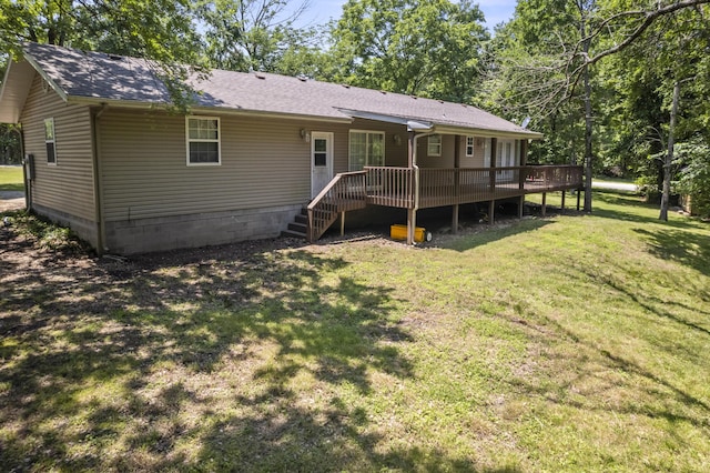 29474 Farm Rd Unit 1260, Golden, MO 65658 - rear view of house featuring a wooden deck, a shingled roof, a lawn, and stairway