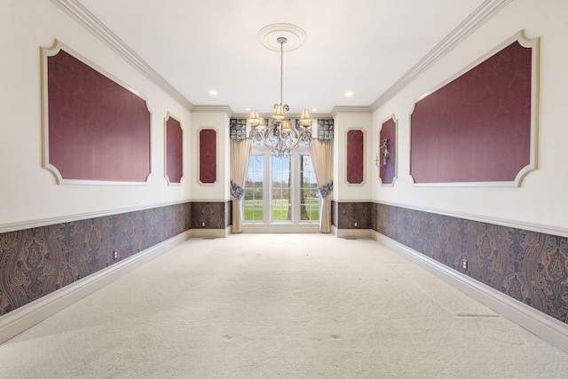 4156 E Division St, Springfield, MO 65802 - carpeted spare room featuring a chandelier, crown molding, recessed lighting, wallpapered walls, and a wainscoted wall