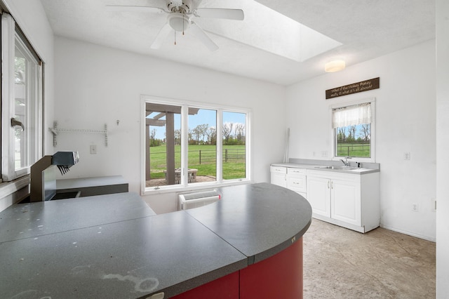 4156 E Division St, Springfield, MO 65802 - kitchen featuring a skylight, white cabinetry, a ceiling fan, and dark countertops