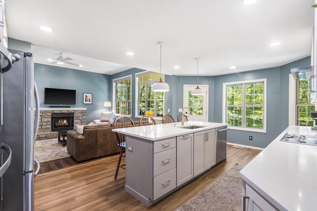 2504 W Fox Fire Ct, Nixa, MO 65714 - kitchen featuring stainless steel appliances, dark wood-style flooring, light countertops, a stone fireplace, and gray cabinets