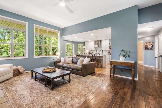 2504 W Fox Fire Ct, Nixa, MO 65714 - living room with a ceiling fan and dark wood-style flooring