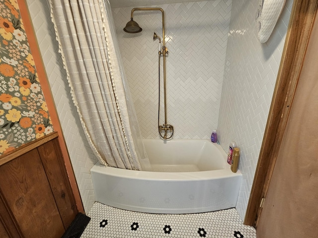312 W Locust St, Aurora, MO 65605 - bathroom with shower / tub combo with curtain, tile patterned flooring, and wallpapered walls