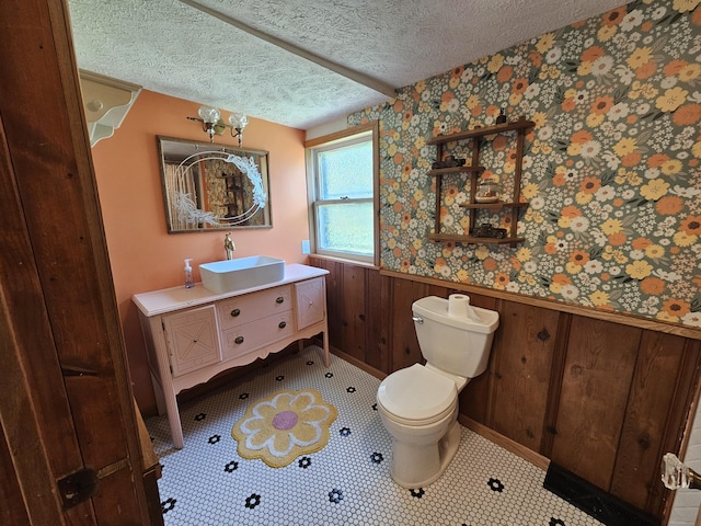 312 W Locust St, Aurora, MO 65605 - bathroom with a wainscoted wall, vanity, a textured ceiling, wooden walls, and wallpapered walls
