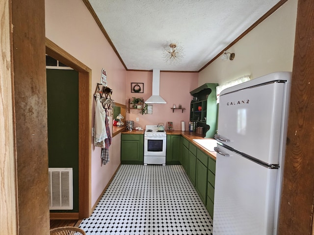 312 W Locust St, Aurora, MO 65605 - kitchen featuring green cabinets, white appliances, ornamental molding, wall chimney range hood, and a textured ceiling