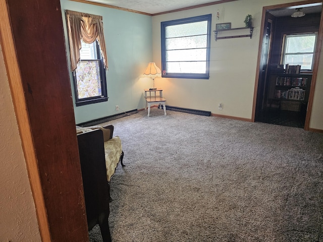 312 W Locust St, Aurora, MO 65605 - carpeted spare room with ornamental molding, plenty of natural light, and a baseboard radiator