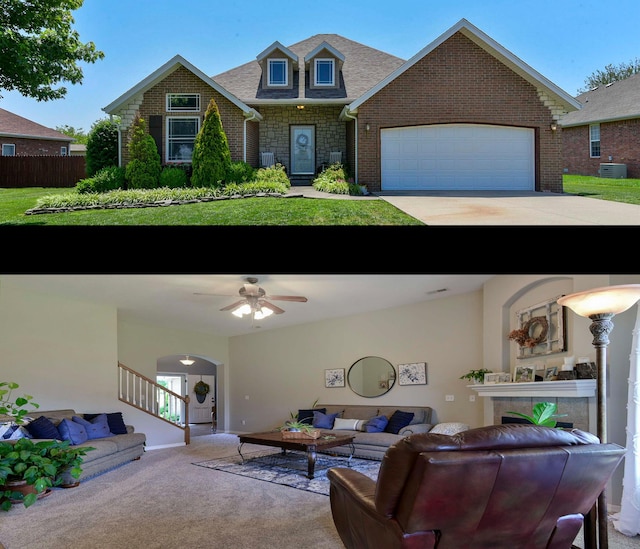 105 Deer Run, Willard, MO 65781 - living area with a tiled fireplace, carpet floors, ceiling fan, arched walkways, and stairway