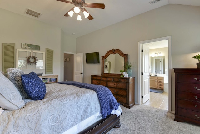 105 Deer Run, Willard, MO 65781 - bedroom featuring vaulted ceiling, light carpet, ensuite bathroom, and ceiling fan