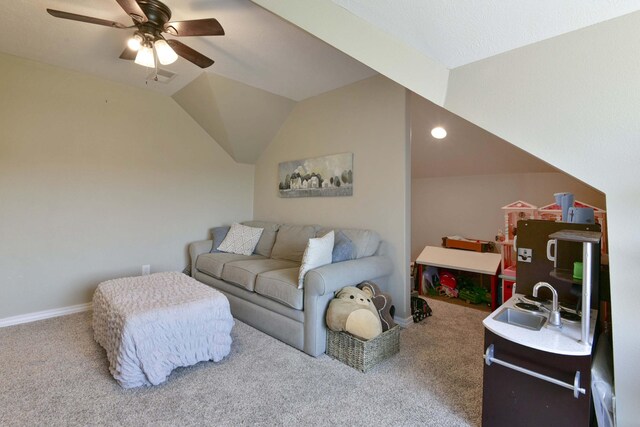 105 Deer Run, Willard, MO 65781 - living room featuring carpet flooring, ceiling fan, and vaulted ceiling