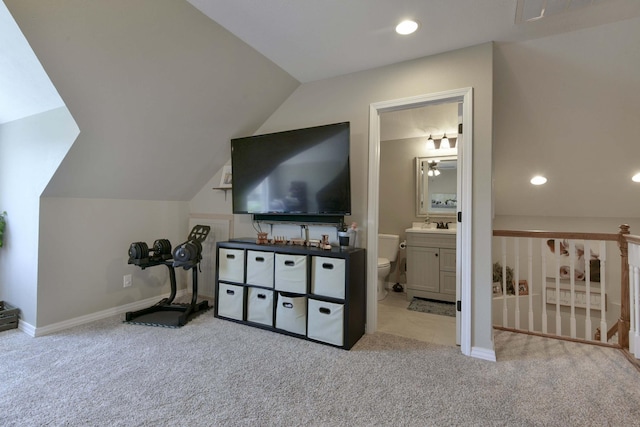 105 Deer Run, Willard, MO 65781 - bedroom featuring carpet, lofted ceiling, recessed lighting, and ensuite bathroom