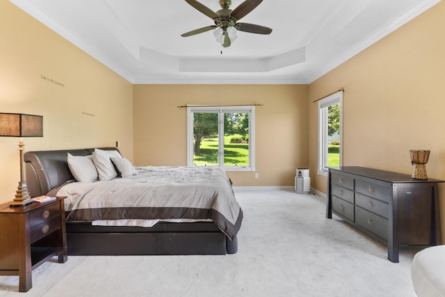 3702 E Dartmoor Ct, Springfield, MO 65802 - bedroom featuring a raised ceiling, carpet floors, crown molding, and ceiling fan