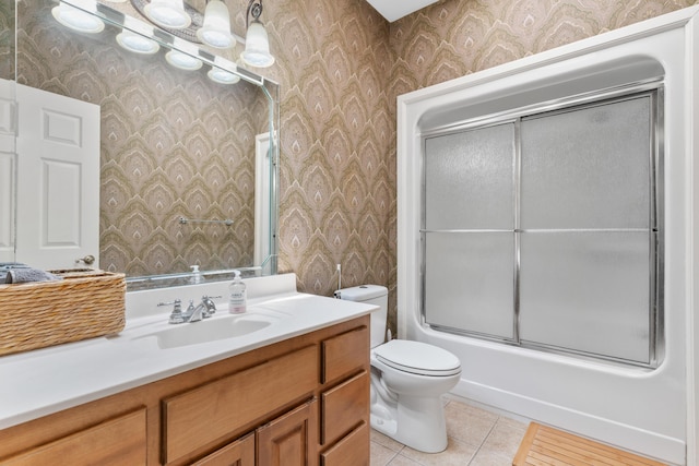 3702 E Dartmoor Ct, Springfield, MO 65802 - bathroom with wallpapered walls, tile patterned floors, vanity, and shower / bath combination with glass door