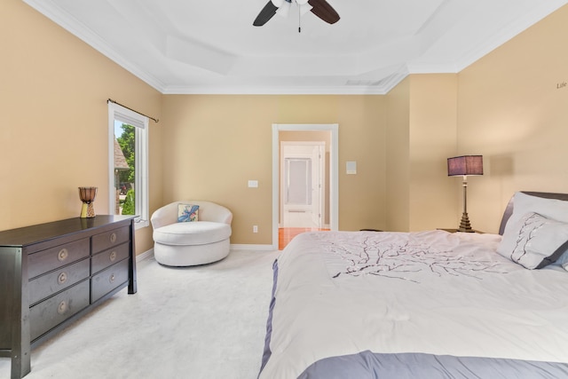 3702 E Dartmoor Ct, Springfield, MO 65802 - carpeted bedroom with a tray ceiling, a ceiling fan, crown molding, and connected bathroom