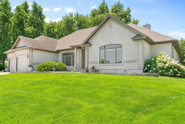 3702 E Dartmoor Ct, Springfield, MO 65802 - single story home featuring stucco siding, a chimney, a shingled roof, and a front yard