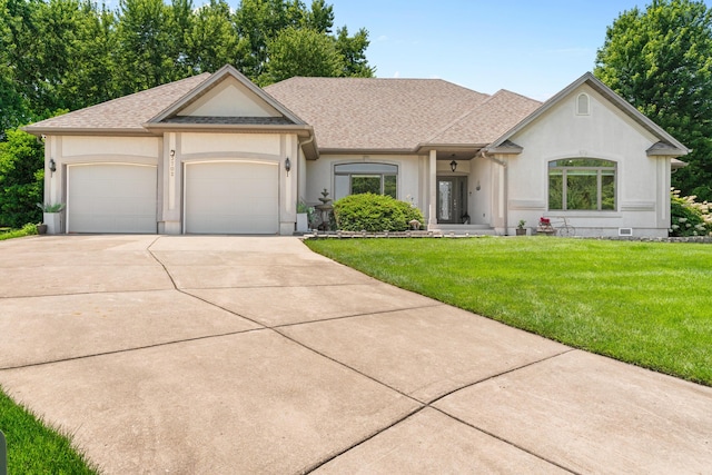3702 E Dartmoor Ct, Springfield, MO 65802 - view of front of home featuring concrete driveway, a garage, a front lawn, stucco siding, and a shingled roof