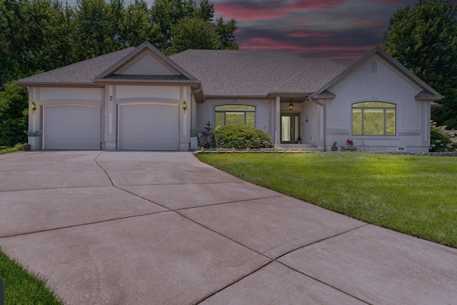 3702 E Dartmoor Ct, Springfield, MO 65802 - view of front of property featuring concrete driveway, an attached garage, a front lawn, roof with shingles, and stucco siding