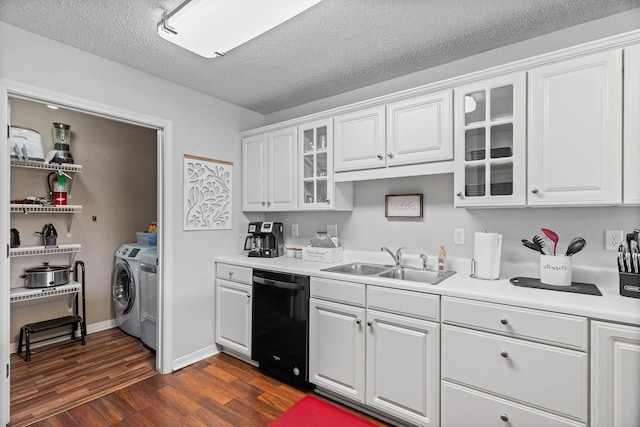 161 Avondale Dr Unit 1, Branson, MO 65616 - kitchen with dishwasher, washer and clothes dryer, dark wood-style floors, white cabinetry, and light countertops