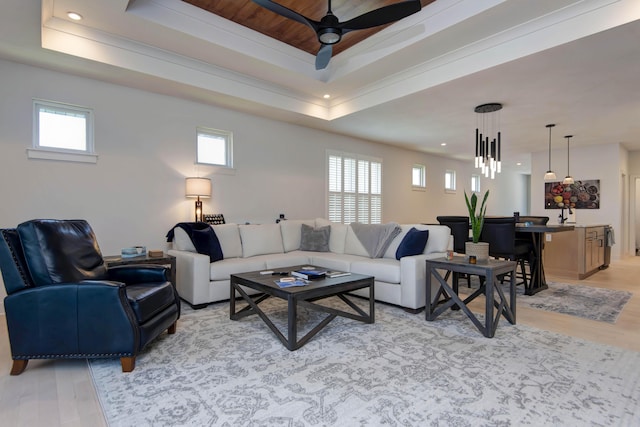 3733 E Hutcheson Ave, Springfield, MO 65802 - living area featuring light wood-style floors, plenty of natural light, ceiling fan, recessed lighting, and a raised ceiling