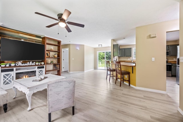 3936 S 77th Rd, Dunnegan, MO 65640 - living room featuring a ceiling fan, light wood-type flooring, and a lit fireplace