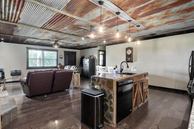 31 Mulberry Ln, Buffalo, MO 65622 - kitchen with dishwasher, ceiling fan, dark wood finished floors, pendant lighting, and open floor plan