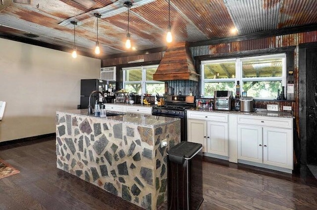 31 Mulberry Ln, Buffalo, MO 65622 - kitchen featuring black appliances, premium range hood, dark wood-style flooring, stone counters, and wooden ceiling