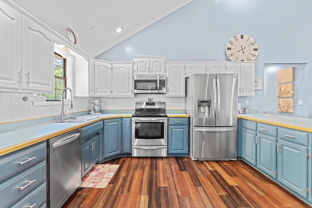 241 Sage Rd, Ozark, MO 65721 - kitchen featuring appliances with stainless steel finishes, blue cabinetry, white cabinets, high vaulted ceiling, and recessed lighting