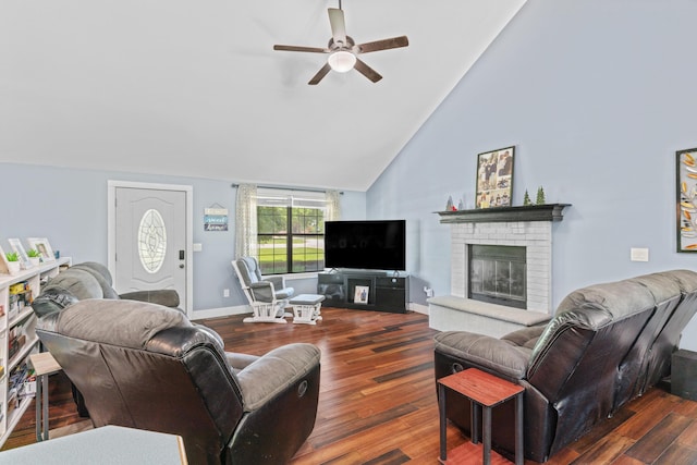 241 Sage Rd, Ozark, MO 65721 - living area featuring a ceiling fan, high vaulted ceiling, dark wood-style floors, and a fireplace