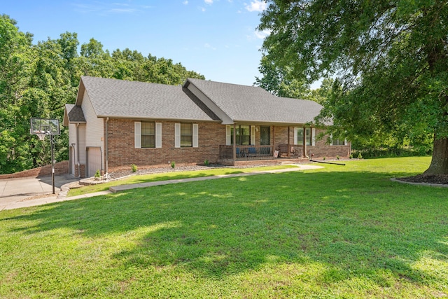 241 Sage Rd, Ozark, MO 65721 - ranch-style house with covered porch, concrete driveway, a front yard, brick siding, and a garage