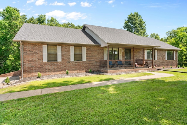 241 Sage Rd, Ozark, MO 65721 - ranch-style house featuring a porch, a front lawn, roof with shingles, and brick siding