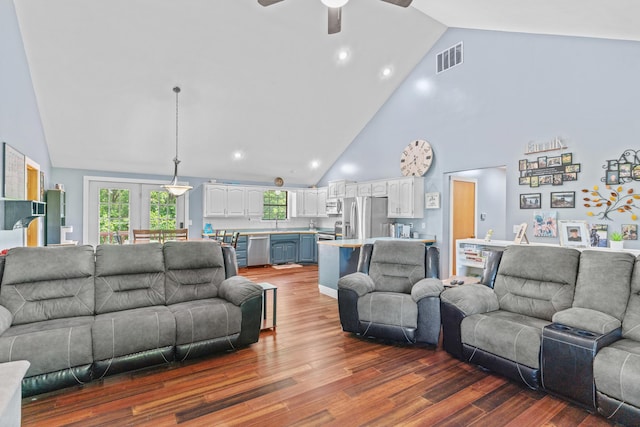 241 Sage Rd, Ozark, MO 65721 - living area with high vaulted ceiling, dark wood-style flooring, ceiling fan, and recessed lighting