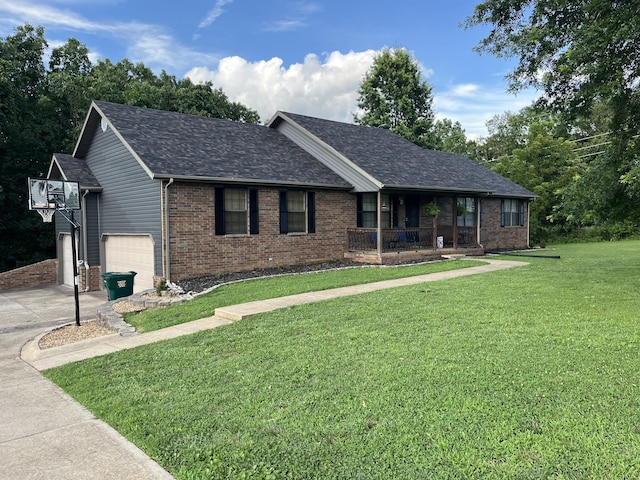 241 Sage Rd, Ozark, MO 65721 - ranch-style house featuring a porch, brick siding, a front lawn, concrete driveway, and roof with shingles