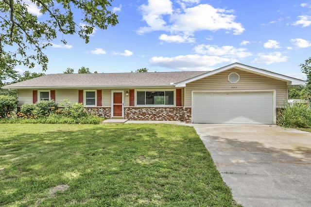 7047 W Lone Oak St, Springfield, MO 65803 - single story home with a garage, driveway, a front yard, and brick siding