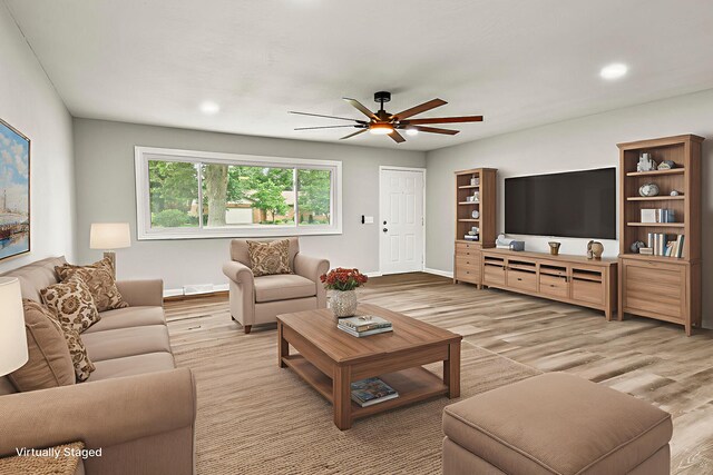 7047 W Lone Oak St, Springfield, MO 65803 - living area featuring a ceiling fan, wood finished floors, and recessed lighting
