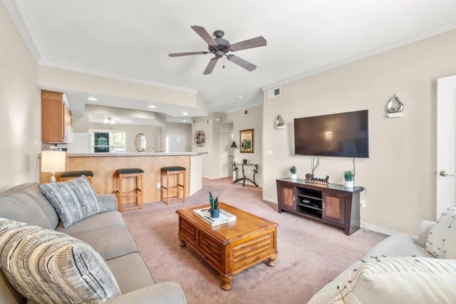 200 Glory Rd Unit B6, Branson, MO 65616 - living area with ornamental molding, ceiling fan, and light colored carpet