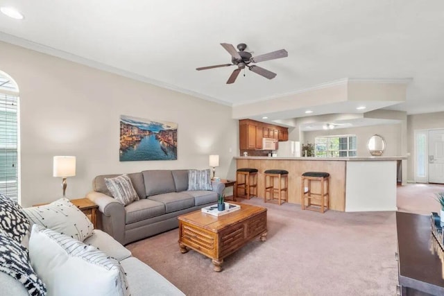 200 Glory Rd Unit B6, Branson, MO 65616 - living room with a ceiling fan, ornamental molding, light colored carpet, and recessed lighting