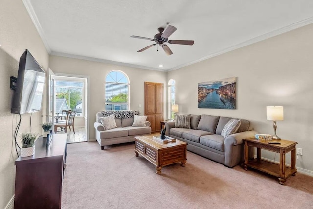 200 Glory Rd Unit B6, Branson, MO 65616 - living room featuring light carpet, a ceiling fan, and crown molding