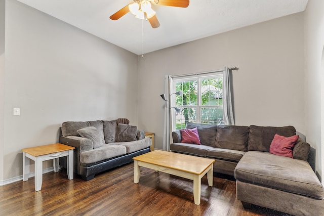 922 W Elm St, Springfield, MO 65806 - living room featuring a ceiling fan and dark wood finished floors
