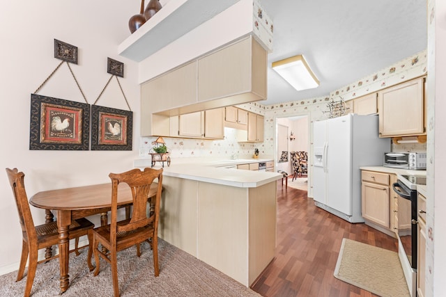 200 Eagle Pointe Dr, Branson, MO 65616 - kitchen with white refrigerator with ice dispenser, a peninsula, wood finished floors, light countertops, and range with electric cooktop