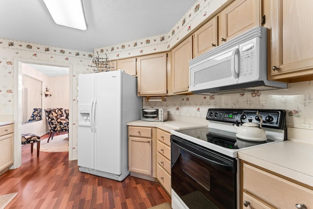 200 Eagle Pointe Dr, Branson, MO 65616 - kitchen featuring white appliances, wallpapered walls, dark wood-type flooring, light brown cabinets, and light countertops