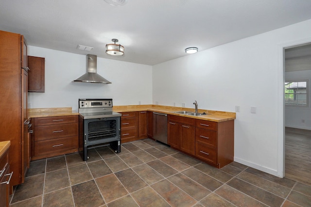 119 E Mill St, Republic, MO 65738 - kitchen featuring wall chimney exhaust hood, dishwasher, electric range, butcher block countertops, and dark tile patterned floors
