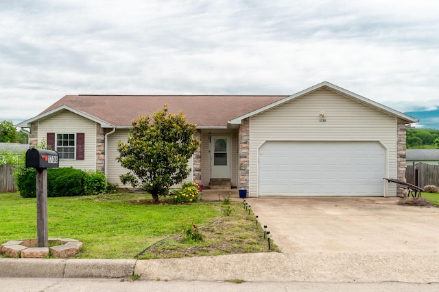 1708 Tiffany St, West Plains, MO 65775 - view of front of house featuring stone siding, a garage, driveway, a front lawn, and roof with shingles