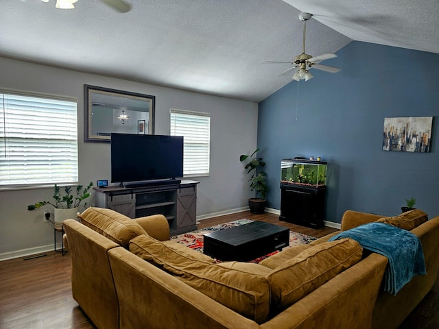 551 State Highway O, Seymour, MO 65746 - living room featuring a ceiling fan, wood finished floors, lofted ceiling, and a textured ceiling