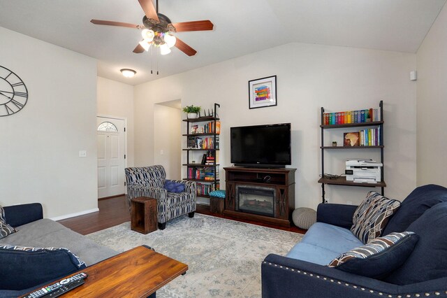 5618 W Sugar Pine Dr, Springfield, MO 65802 - living area featuring ceiling fan, wood finished floors, and lofted ceiling