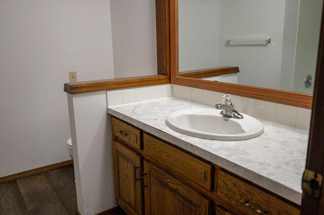 2812 W Maplewood St, Springfield, MO 65807 - bathroom with vanity, wood finished floors, and tasteful backsplash