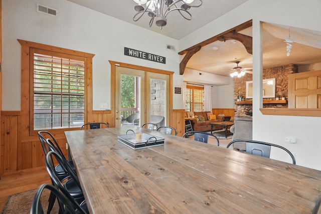 109 Grand Mountain Ave Unit 39-1, Branson, MO 65616 - dining area featuring a wainscoted wall, a chandelier, wood finished floors, ceiling fan, and wooden walls