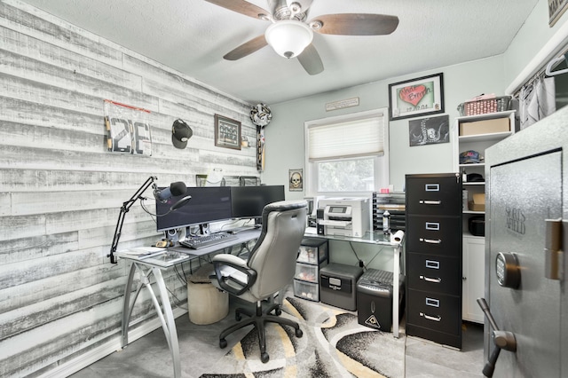 3153 W Washita St, Springfield, MO 65807 - office area with wooden walls, concrete flooring, an accent wall, and a ceiling fan